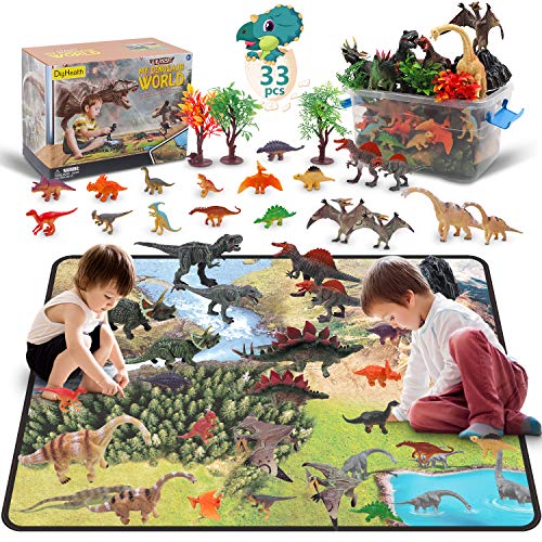 DigHealth 33 Pcs Dinosaurios Juguetes, Figura de Dinosaurios con Tapete de Juego y Arboles, Incluir T-Rex, Triceratops, Pterosauria para Niños …