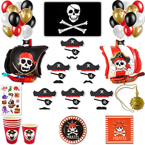 DREANA - Kit de fiesta de cumpleaños para niño con tema pirata de 6 pers: decoración de pared (globos de bálsamo pirata) - Vajilla desechable - Regalos (disfraz pirata, collar medallón, bandera)