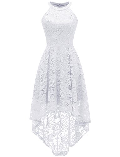 Dressystar Vestido Cóctel Hi-lo Flor Encaje Elegante Mujer Sin Manga Cuello Halter Blanco M