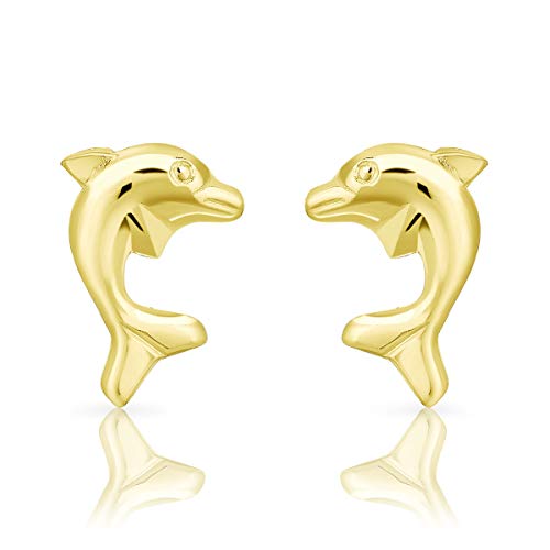 DTPsilver® Aretes/Pendientes Pequeños de Plata de Ley 925 Chapado en Oro Amarillo - Forma de Delfín - Dimensión: 7 x 10 mm