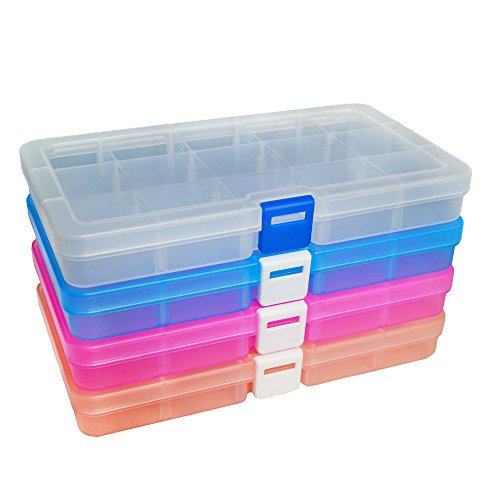 DUOFIRE Ajustable Caja de Almacenamiento de Plástico Joyería Organizador Contenedor de Herramientas (15 Compartimientos x 4, 4 Colores)