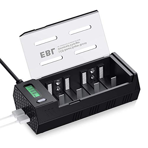 EBL 908 Cargador de Pilas para AA AAA C D 9V Ni-MH Ni-CD Pilas Recargables con 2 Puertos de USB, Pantalla LCD Inteligente y Función de Descarga