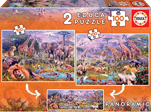 Educa- Animales Salvajes 2 Puzzles x 100 Piezas, Multicolor (18606)