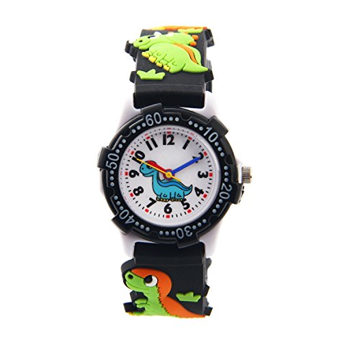 El Reloj de Niños de Vinmori, Reloj de Cuarzo con Dibujos Animados Bonitos de 3D a Prueba de Agua Regalo para Chicos Niños y Niñas A-Dinosaurio Negro