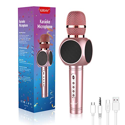 ERAY Micrófono Karaoke Bluetooth, Karaoke con Micrófono, Microfono Inalambrico Karaoke 4 en 1, 2 Altavoces, 3.5mm AUX, Compatible con Smartphone, Buen Regalo para los Niños, Color Rosa (Modelo E103)
