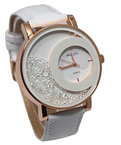 Estuche que contiene un reloj de pulsera para mujer con brillantes dorados y correa de cuero blanco y una pulsera doble Stardust Dolce Vita