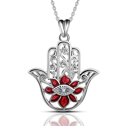 Eudora Plata de ley 925 Aojo Mano de Hamsa Fátima Buena suerte Claro CZ Vendimia Collar colgante, Cadena de 18"