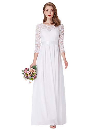 Ever-Pretty Vestido de Novia Encaje Gasa Cuello Redondo Manga 3/4 Corte Imperio A-línea para Mujer Blanco 38