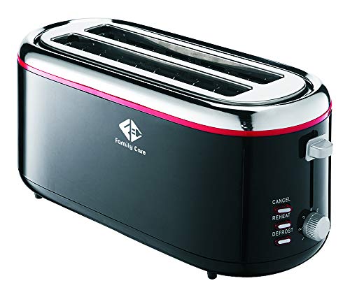 Family Care Tostadora de Pan Doble Ranura Larga, Tostadora 1300 W, Función Cancelar y Descongelar, 7 Niveles de Tueste, Acero Inox+Plástico