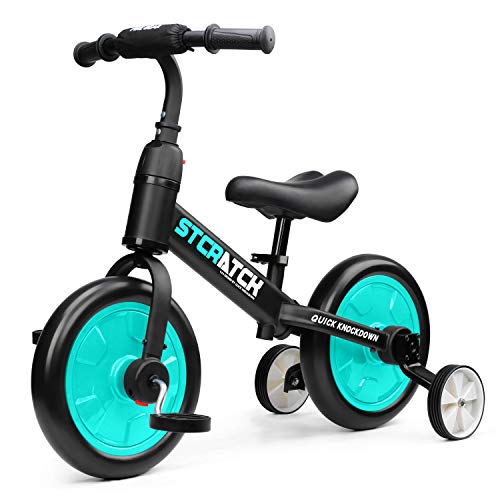 Fascol 3 en 1 Bicicleta de Equilibrio para 1-6 Años Niños, Triciclo para Bebes con Pedales Desmontables y Ruedas Auxiliares, Diseño de Asiento Elevador para Ajustar Alturas (Verde)
