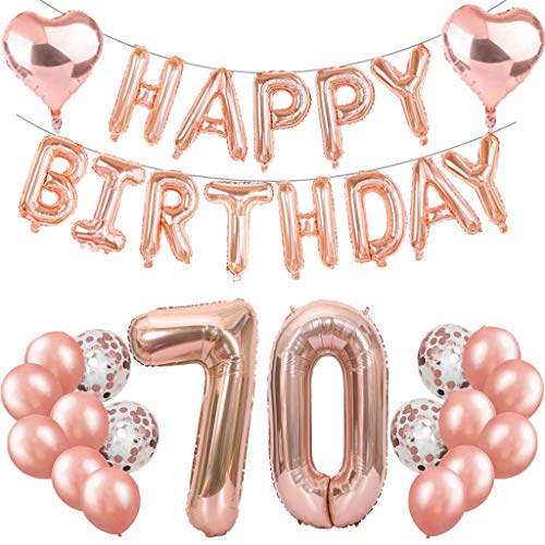 Feelairy Juego de decoración para fiesta de 70 cumpleaños de color oro rosa, globos gigantes con el número 70, guirnalda de globos para el 70 cumpleaños para mujeres y niñas