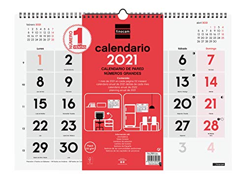 Finocam - Calendario Neutro de pared 2021 Números grandes Español