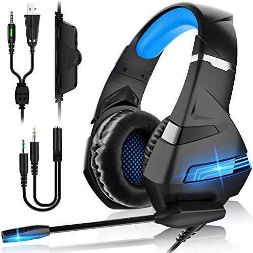 FUNINGEEK Auriculares Gaming PS4,Cascos Gaming de Mac Estéreo con Micrófono Cascos Gaming 3.5mm Jack con Luz LED Bass Surround y Cancelación de Ruido Auriculares Compatible con PC/Xbox One/Switch