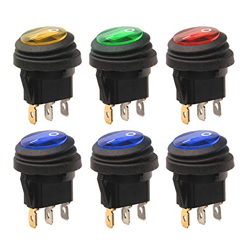 Gebildet 6 Piezas 12V-24V/20A Impermeable Interruptor Basculante Redondo LED, 3 Pin ON/Off SPST, Snap-In Latching Boton Interruptor para Coche Motocicleta Bote Marina (1×Rojo/Verde/Amarillo, 3×Azul)