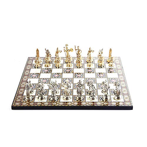 GiftHome Historical Roman Figures - Juego de ajedrez de metal para adultos, hechas a mano y tablero de ajedrez de madera con patrón de nácar King 2.8