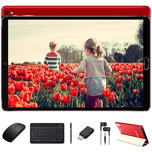 Goodtel Tablet 10 Pulgadas Android 10.0, Equipada Procesador Octa-Core Núcleos a 1.6Ghz, 4GB Ram + 64GB ROM, Microsd 4-128GB / Cámara Dual / WiFi / Tablet Android con Teclado y Ratón Bluetooth -Rojo