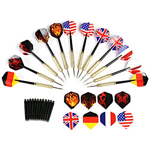 GWHOLE 12 Dardos de Acero con Patrón de Bandera/Fuego Puntas Metálicas + 12 Varillas + 28 Plumas GWHOLE 12 Dardos de Acero con Patrón de Bandera/Fuego Puntas Metálicas + 12 Varillas + 28 Plumas
