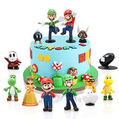 Gxhong Super Mario Cake Topper Mini Juego de Figuras Set Super Mario Bros Toys Decoración de Pastel de Cumpleaños Caricatura Figura de Acción Regalo Suministros para Niños 12 Piezas