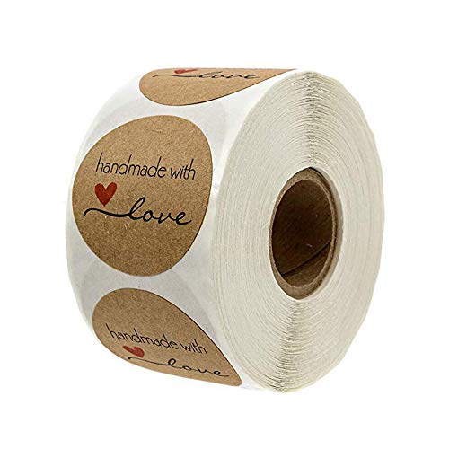 Haobase - Lote de 500 pegatinas de papel Kraft redondas hechas a mano con amor para hornear, bolsas de regalo, boda, Acción de Gracias