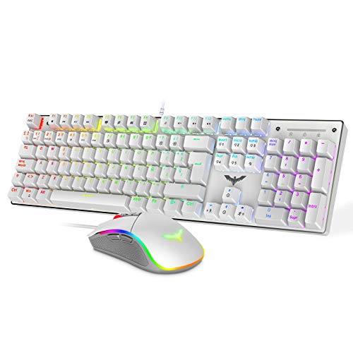 havit Teclado mecánico Gaming y ratón Español Teclados Gaming con Cable, Azul Anti-Efecto Fantasma de 105 Teclas, Ratón Gaming programable(Blanco)