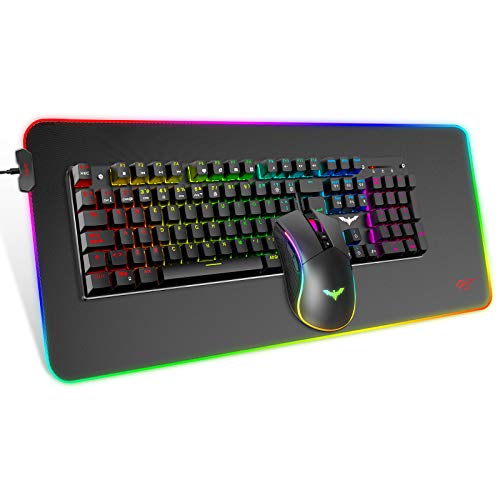 havit Teclado mecánico Gaming y ratón Español y Alfombrilla Gaming RGB,Teclados Gaming con Cable, Azul Anti-Efecto Fantasma, Ratón Gaming programable, Negro