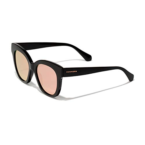 HAWKERS Gafas de Sol Audrey Estilo Butterfly, para Mujer, con Montura Negra Brillante y Rosa Dorada con Efecto Espejo, Protección UV400