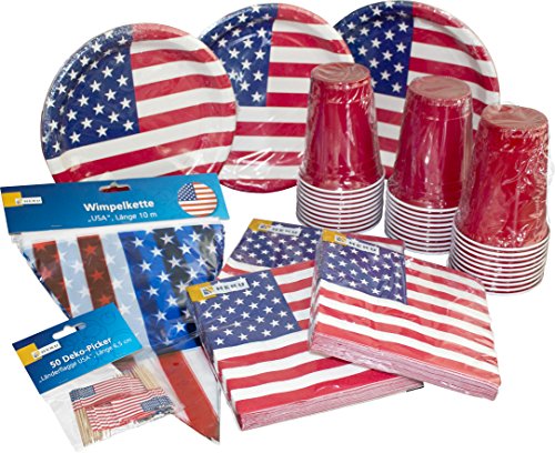 Heku Desechables de Set de Fiesta Estados Unidos con Platos, Red de Cup de Vasos, servilletas, Palillos Decorativos Siempre y una banderines, 171 Piezas Heku Desechables de Set de Fiesta Estados Unidos con Platos, Red de Cup de Vasos, servilletas, Palillos Decorativos Siempre y una banderines, 171 Piezas