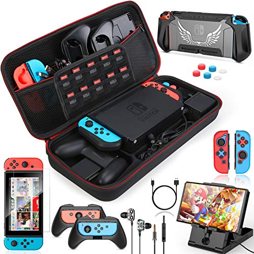 HEYSTOP Funda para Nintendo Switch, 16 in 1 Accesorios Nintendo Switch con Carcasa de TPU+Joy-Con Mandos+Protector de Pantalla+Soporte regulable+Cable USB+Auriculares+Funda Comfort Grip+6 Pulgar Grips