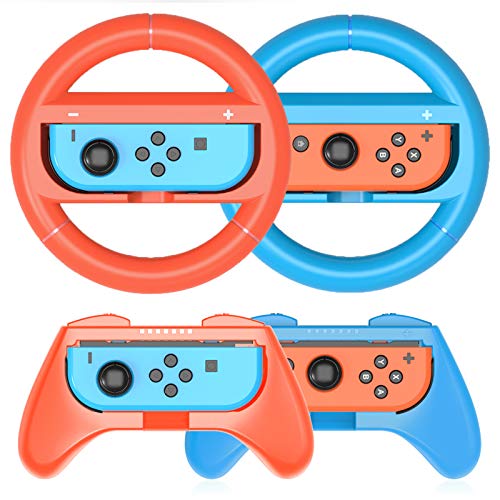 HEYSTOP Volantes y Grip Switch Joy-Con para Nintendo Switch, Switch Joy-Con Racing Wheel Volante, Mandos Grip Joy-Con para Mario Kart Juegos/Joy-Con Mandos Nintendo Switch Deluxe 4 Piezas(Rojo y Azul)