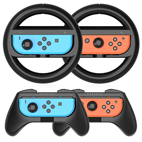 HEYSTOP Volantes y Grip Switch Joy-con para Nintendo Switch, Switch Joy-con Racing Wheel Volante, Mandos Grip Joy-con para Mario Kart Juegos/Joy-con Mandos Nintendo Switch Deluxe 4 Piezas (Negro)