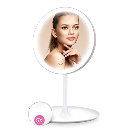 HOCOSY Espejo Maquillaje con luz Espejo Maquillaje con Espejo Aumento 5X, Espejo tocador con luz，Espejo Cosmético Pantalla Táctil de Mesa con 3 Modos de Color, rotación de 90°, Carga con USB