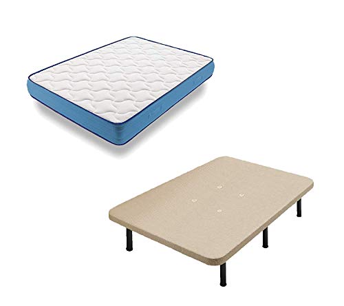 HOGAR24 ES Cama Completa - Colchón Viscoelástico Viscorelax + Base Tapizada 3D (2 Bases de 80cm con Abrazadera) + 12 Patas de 26cm, 160x200 cm