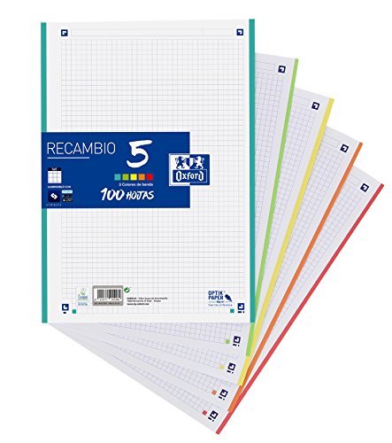 Hojas cuadriculadas A4 Recambio Oxford. Banda 5 colores. 100 Hojas. Cuadrícula 5x5. Hojas cuadriculadas A4 Recambio Oxford. Banda 5 colores. 100 Hojas. Cuadrícula 5x5.