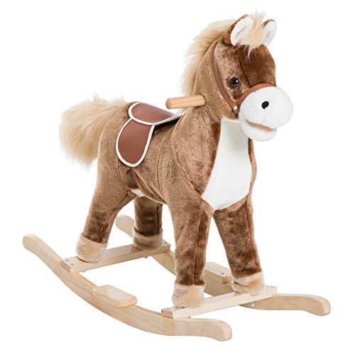 HOMCOM Caballito Balancín de Peluche Balancín Caballo Caballito Madera Juguete de Mecedora para Niños +3 Años 74x33x62cm