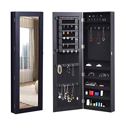 HOMCOM Espejo Joyero de Pared o de Pie Armario para Joyas Guardajoyas 37x9.5x112cm MDF Negro