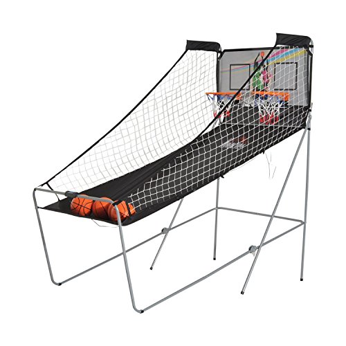 HOMCOM Juego de Canastas de Baloncesto Plegables y Portátiles con Contador Electrónico Doble y 4 Pelotas de Baloncesto con Soporte de Acero y Color Negro y Blanco 205x110x205cm (PxANxAL)