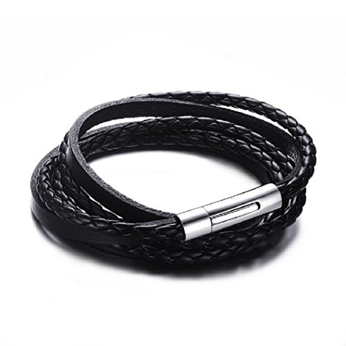 Idea de Regalo Pulsera de Cuero Genuino Para Hombres y Adolescentes - Cierre Magnético - Diseño de Multicapa Clásico y Trenzado - 2 Colores - Varios Modelos Disponibles (Negro3)