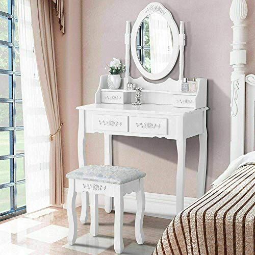Iglobalbuy Tocador, Escritorio de Maquillaje con Taburete, Mesa de cosmética Blanca con Espejo para el Dormitorio (BDT1204) Iglobalbuy Tocador, Escritorio de Maquillaje con Taburete, Mesa de cosmética Blanca con Espejo para el Dormitorio (BDT1204)
