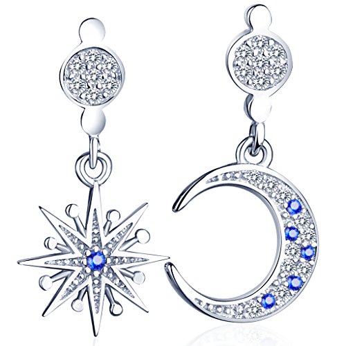 Infinite U Fashion Pendientes de colgar distintos, estrella & luna, plata de Ley 925, circonita, para mujeres/niñas, plateado + azul