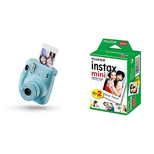 Instax 16654956 Mini 11 - Cámara Instantánea, Sky Blue, Compacto + Fujifilm Instax Mini Brillo - Película fotográfica instantánea (2 x 10 Hojas)