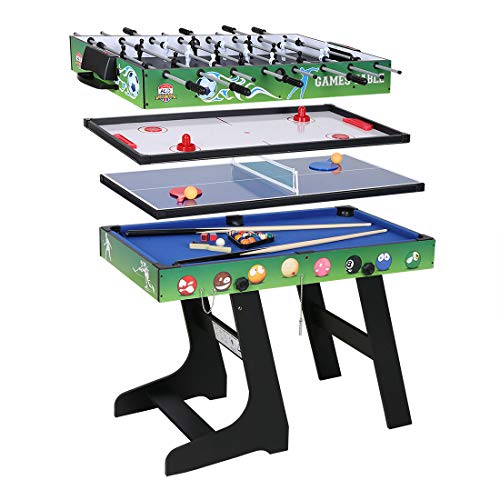 JCF 4 en 1 Mesa de Multijuegos Futbolín Mesa de Billar Hockey Mesa de PingPong con Patas Plegables 4 Pies Verde