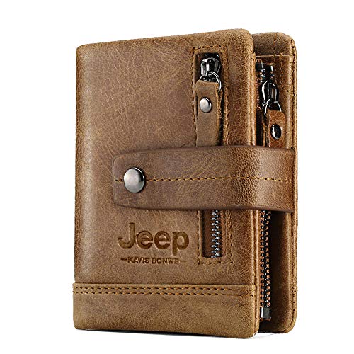 Jeep KAVIS BONWE - Cartera de piel auténtica para hombre, doble cremallera, diseño vintage Jeep KAVIS BONWE - Cartera de piel auténtica para hombre, doble cremallera, diseño vintage