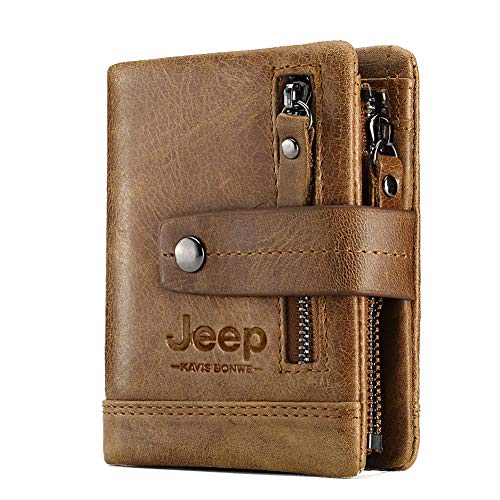 Jeep KAVIS BONWE - Cartera de piel auténtica para hombre, doble cremallera, diseño vintage