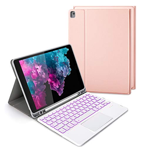 Jelly Comb Funda con Teclado Español Trackpad para iPad 10.2 2020/2019,iPad Air 3 2019/iPad Pro 10.5 2017, Teclado Desmontable Retroiluminado de 7 Colores Funda para iPad 7ª/8ª Generación, Oro Rosa