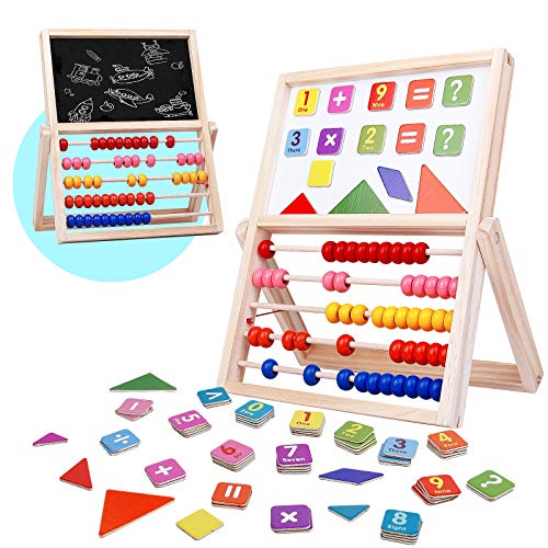 jerryvon Ábaco Infantil Montessori de Madera Pizarras para Niños Puzzle Infantil Magnético Tablero de Doble Cara con Numero y Tangram Multiuso Sketchpad Juguetes Educativos para Niños 3 4 5 6 Años