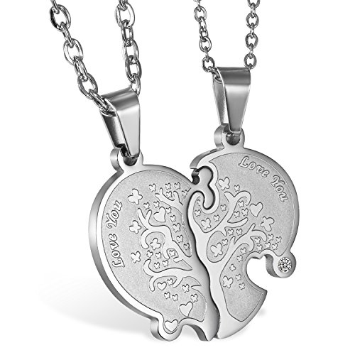 JewelryWe 1 Par Collares de Parejas Enamorados Corazón Partido, Colgante de Árbol de la Vida Plateado Collar Hombre Mujer Acero Inoxidable, Regalo de San Valentín/Navidad