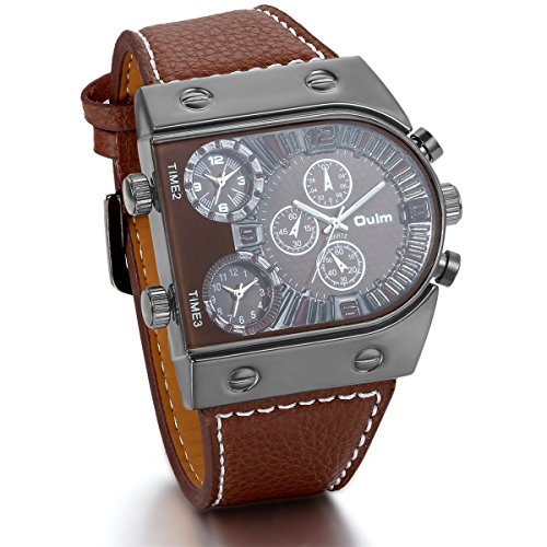 JewelryWe Relojes de Hombre Caballero, Grande Deportivo Militar, Reloj de Pulsera Cuarzo de Cuero Marrón, Cool Atractivo