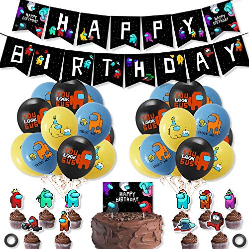 JOERRES 38 piezas Among Us Decoraciones para fiestas Suministros Temáticos de Videojuegos Para Niños Cumpleaños Decoración Para Cupcakes Globos Regalos Feliz Cumpleaños Banner Cupcake Toppers