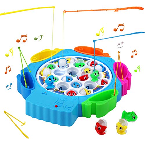 Juegos de Mesa de Pesca Musical 21pcs Peces Juguete con 6 Cañas de Pescar Juguetes Educativos para 3 4 5 Niños, Azul