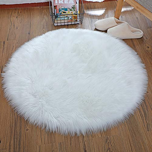 KAIHONG Oveja de Piel sintética Felpudo Alfombra Antideslizante Lujosa Suave Lana Artificial Alfombra para salón Dormitorio baño sofá Silla cojín (Blanco, 90 x 90 cm)